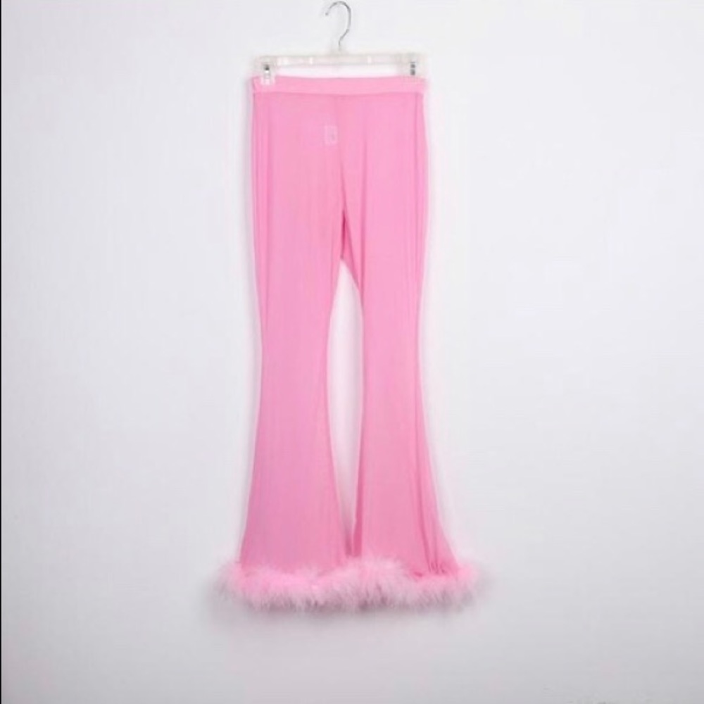 Sheer pink bell bottom feather fur trim pants sexy